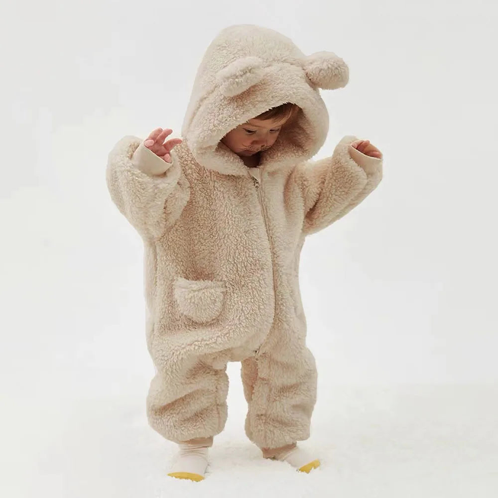 Infant Baby Romper, Warm Fleece Hooded Jumpsuit