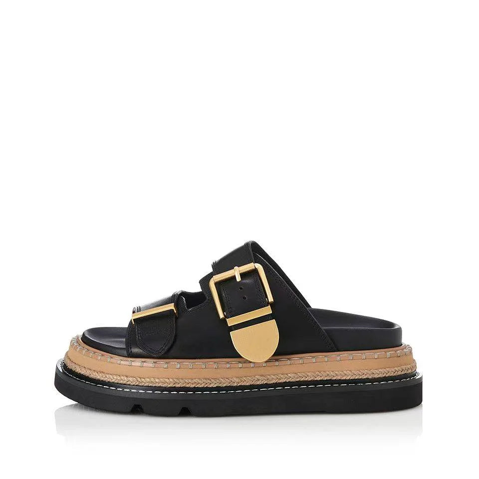 Summer classic leather round toe with buckle for height increase, lightweight and versatile thick soled shoes