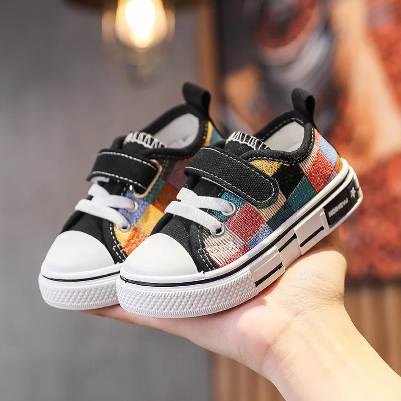 Kids’ Canvas Sneakers – Checkered Casual Shoes, Soft Sole