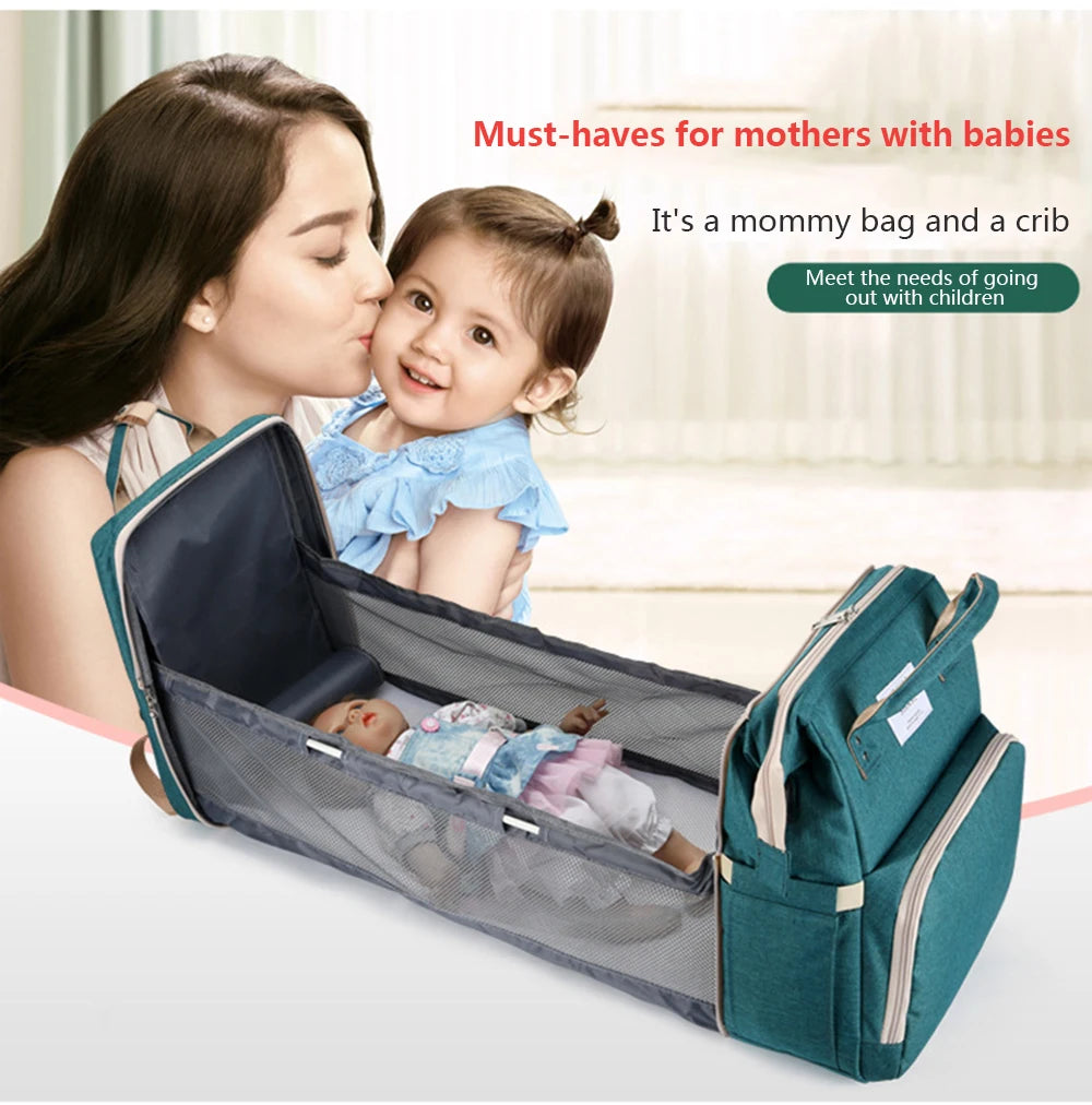 Portable Folding Mommy Bag – Large Capacity Baby Backpack with Crib for Travel & Outings