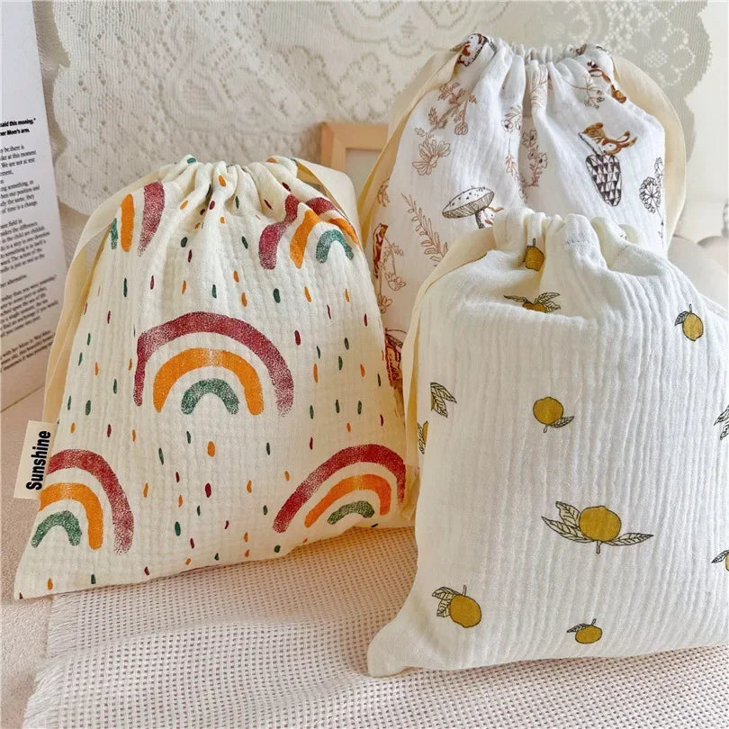 Natural Cotton Mommy Bag – Outdoor Baby Diaper Carrier, Cute Printed Drawstring Pouch 27x25cm