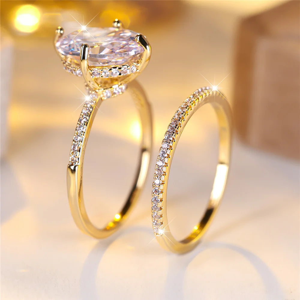 Crystal Female White Green Zircon Oval Stone Ring Set Fashion Vintage Gold Color Bridal Wedding Engagement Jewelry For Women