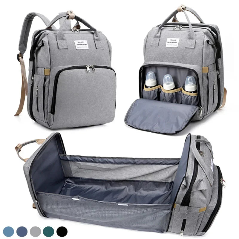 Mommy Diaper Bag – Baby Bed, Milk Bottle Storage & Changing Mat Backpack for Nursing Moms