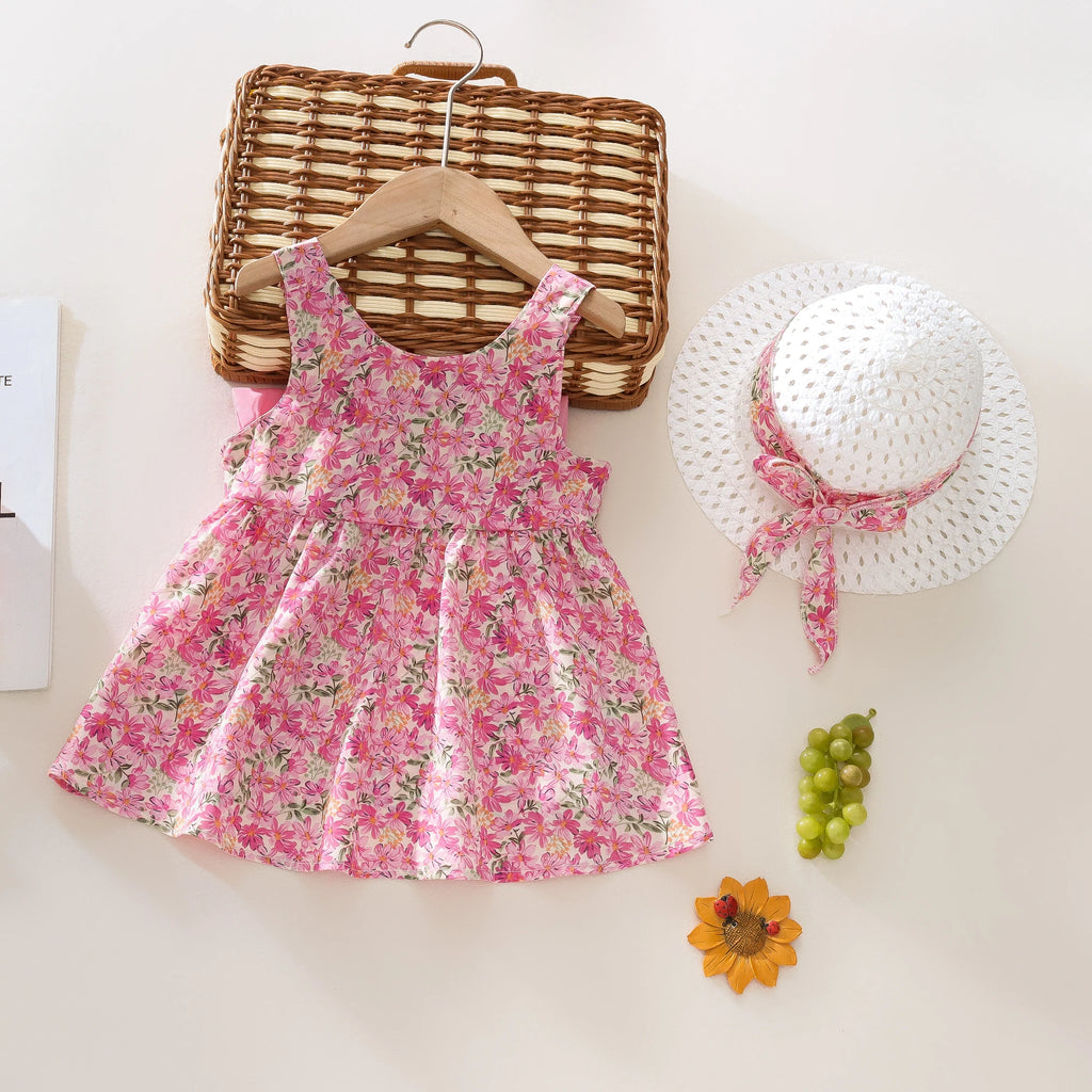 Baby Girl Summer Outfit, Bow Strap Dress & Hat