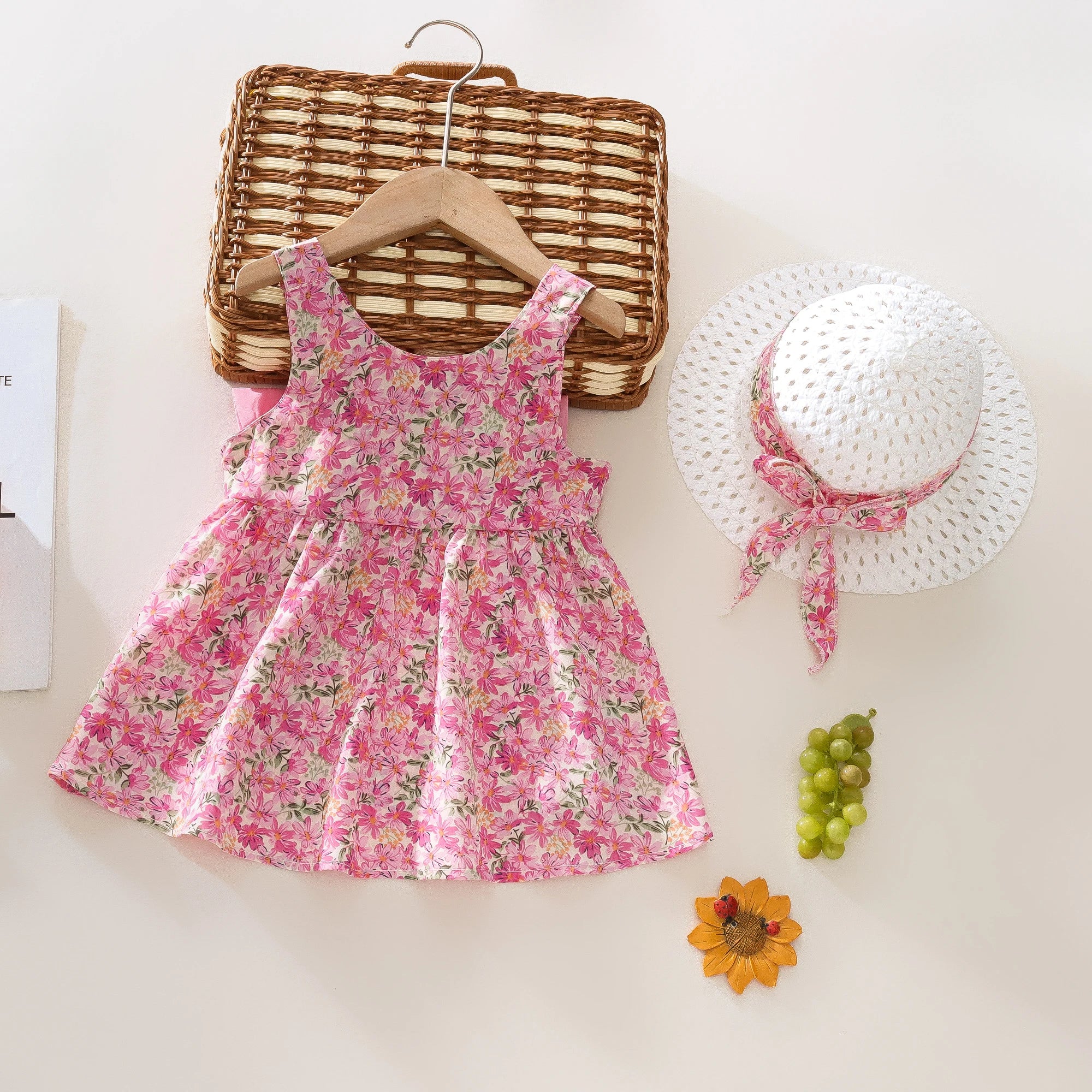 Baby Girl Summer Outfit, Bow Strap Dress & Hat