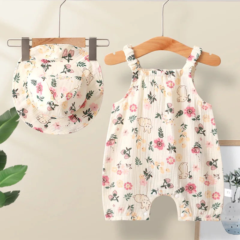 Summer Baby Girls Romper with Hat Cartoon Cherry Bear Jumpsuit