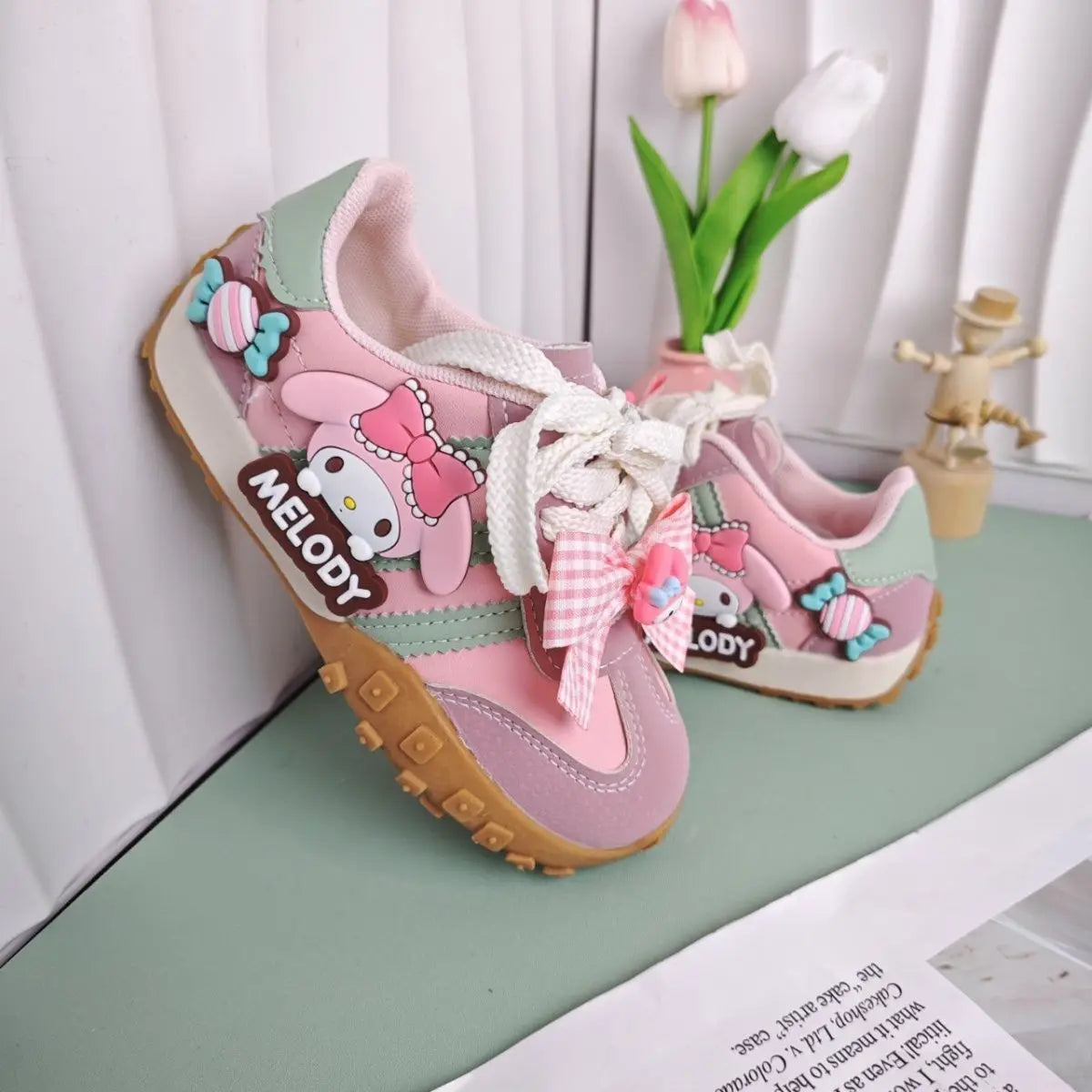 Girls Cartoon PU Sneakers – Anti-Slip Pink Casual Shoes (26–37)
