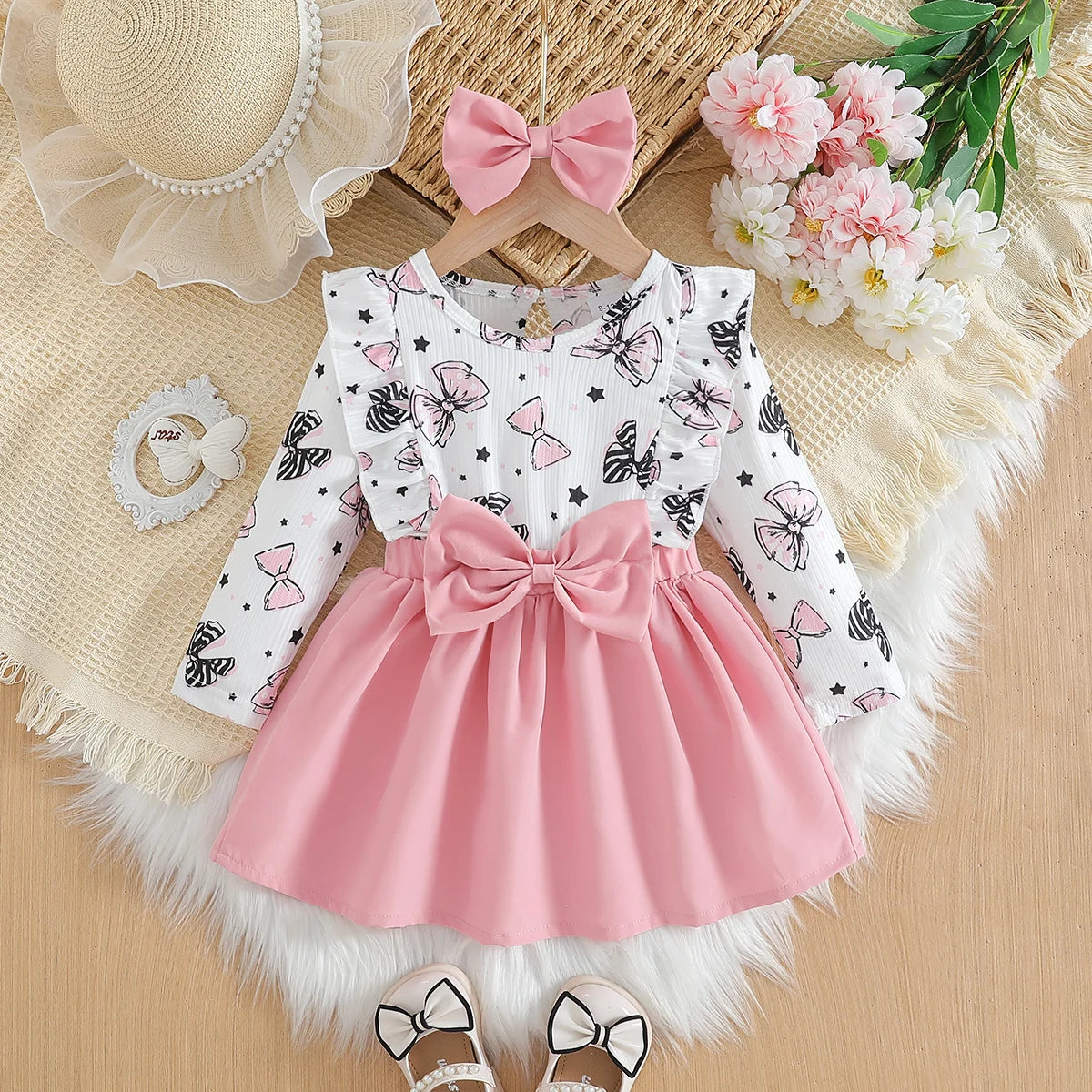 Cute Baby Girl Spring/Autumn Dress – Bow Print (0–2Y)