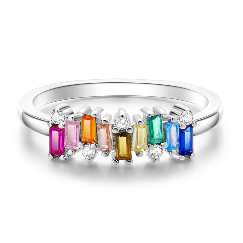 Original 925 Sterling Silver Rings Sparkling Rainbow Candy Zircon Rings For Women Girls Jewelry Birthday Anniversary Gifts