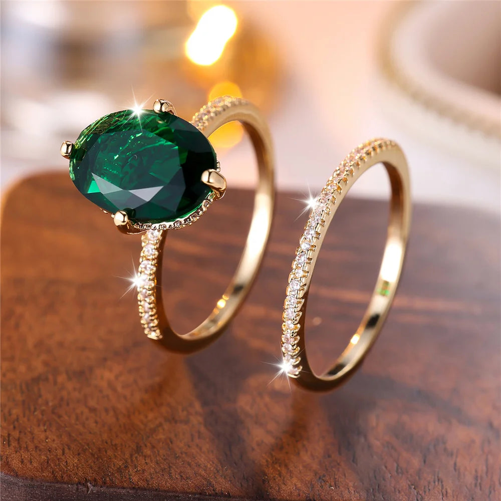 Crystal Female White Green Zircon Oval Stone Ring Set Fashion Vintage Gold Color Bridal Wedding Engagement Jewelry For Women