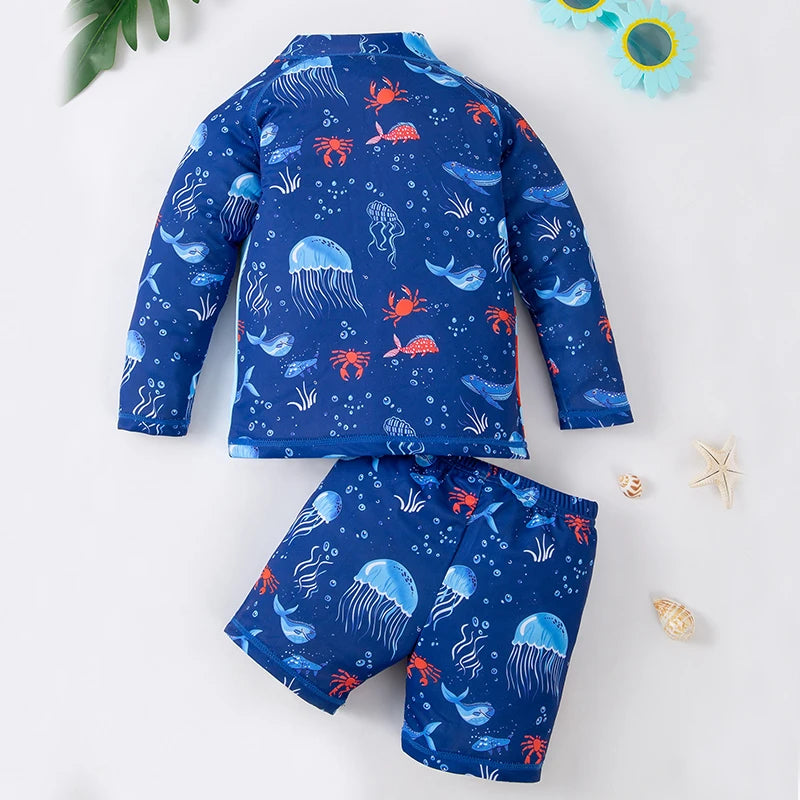 Girl and boy split swimsuit cartoon sunscreen