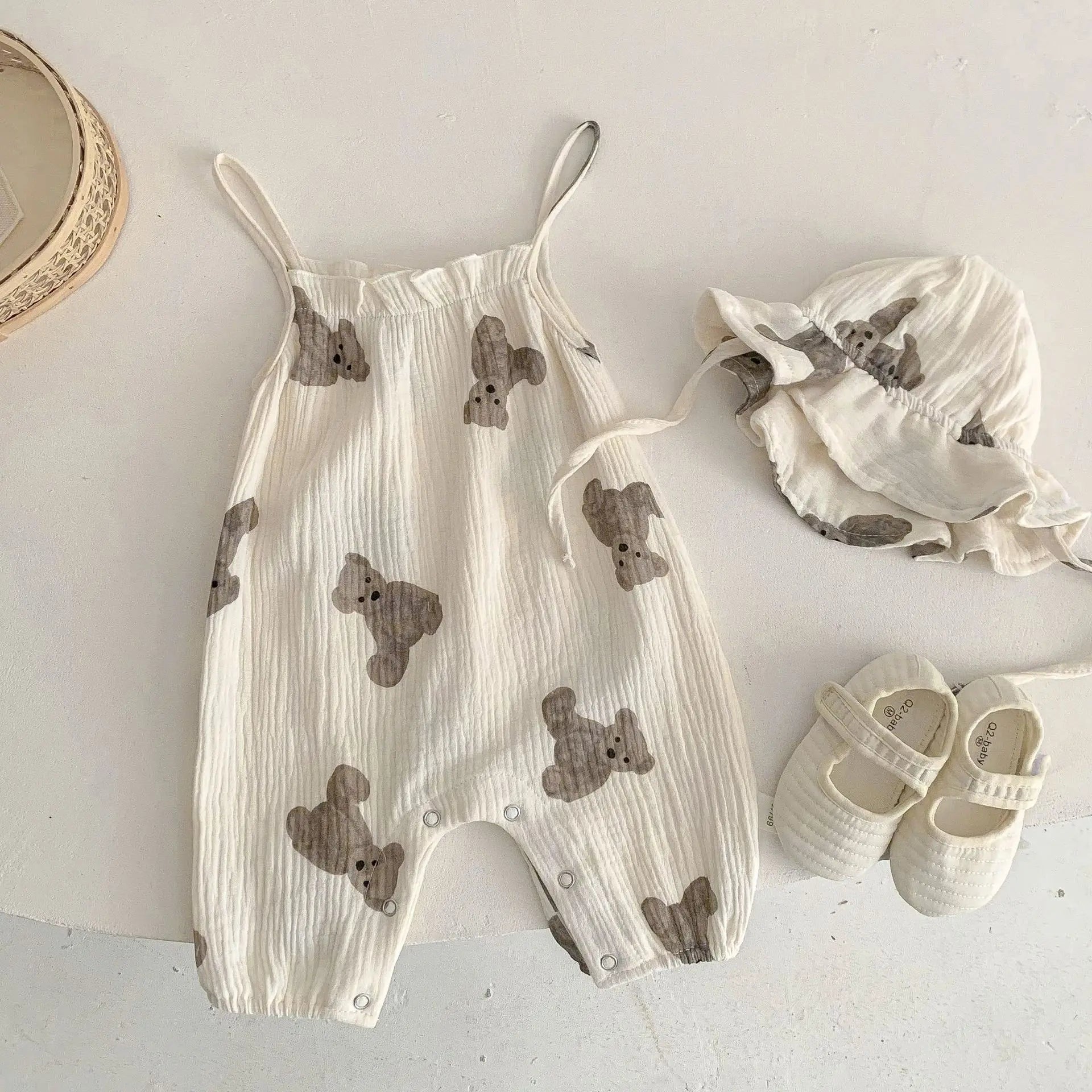 Cute Baby Bear Jumpsuit & Hat – Summer (0–18M)