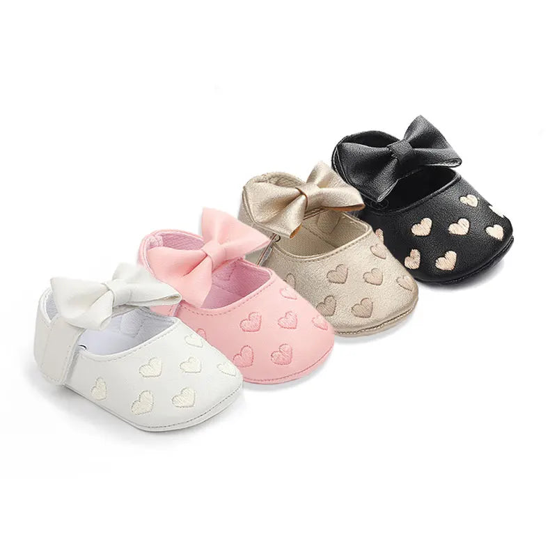 Baby Girls First-Step Shoes (0–18M) – Soft Sole Dress Shoes with Bow & Heart