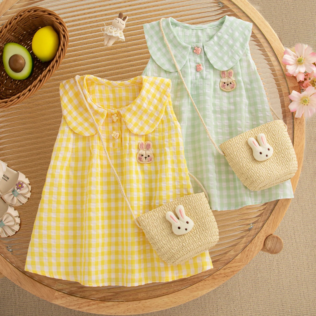 Baby Girl Summer Dress Set, Cute Plaid & Cartoon Design with Bag