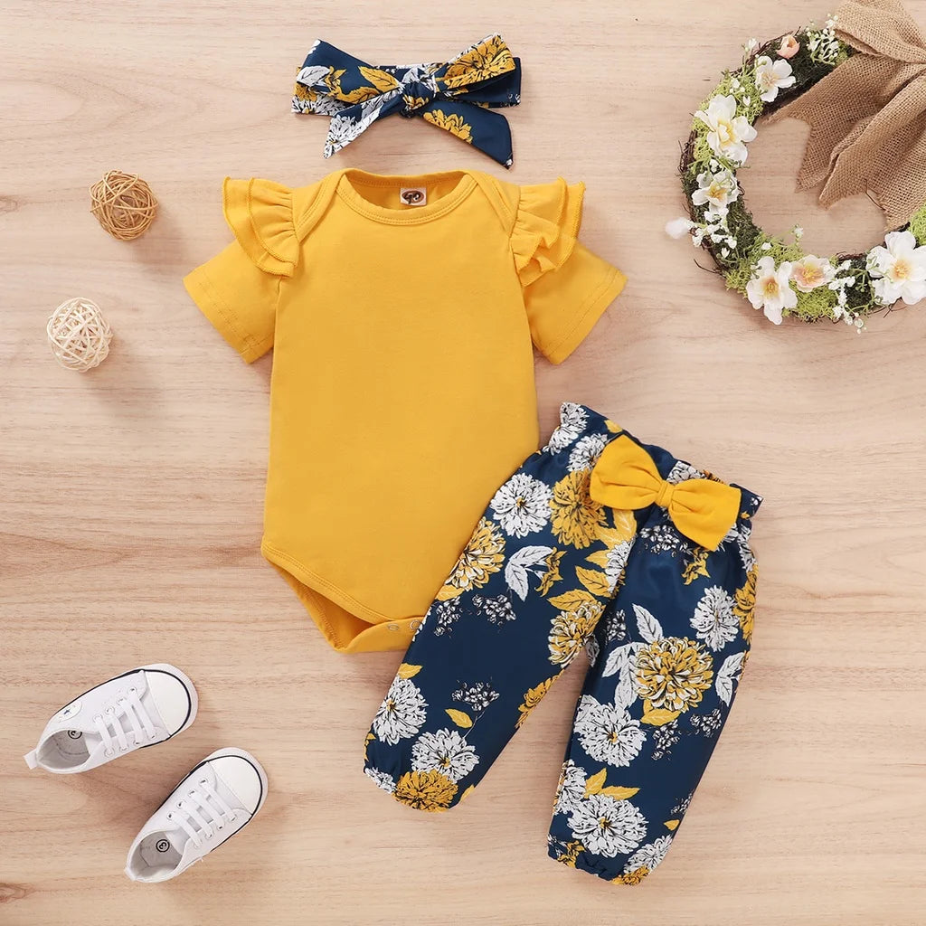 Body suit & Floral Pants with Bow & Headband 3PCS Outfits for 0-18 M