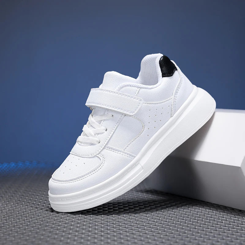 Kids White Leather Sneakers – Waterproof Low-Cut Shoes