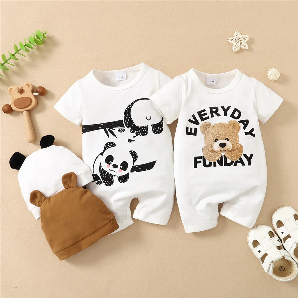 Baby Boy Summer Romper & Hat Set, Panda Print 2PCS