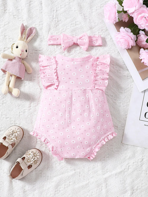2PCS Baby Girl Jumpsuit with Round Neck Butterfly Sleeve Design