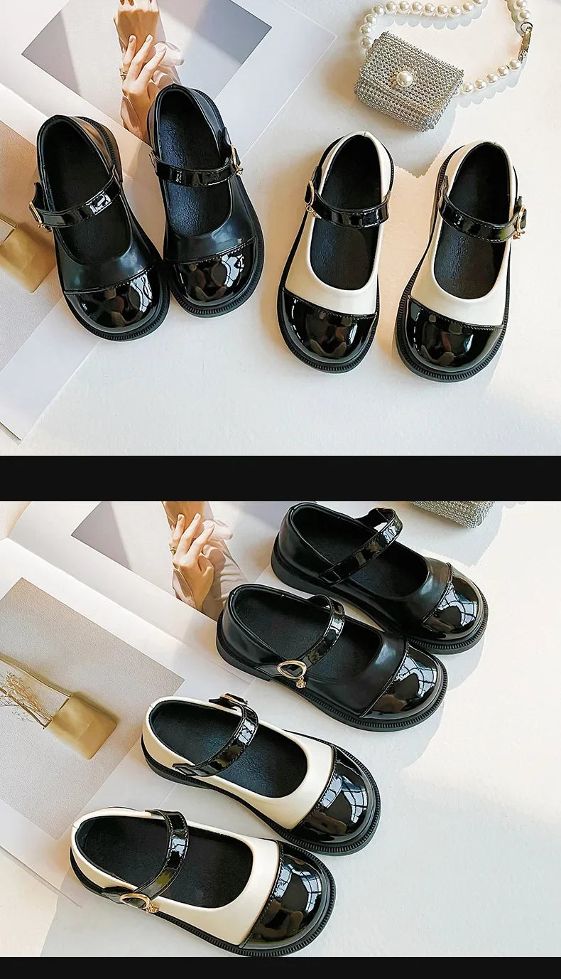 Girls’ Black Leather Casual Shoes – Princess Toddler Flats