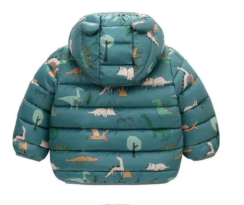 Baby Boys Girls Down Coats Long Sleeve Cartoon Dinosaur Print Jackets 1-5Yrs