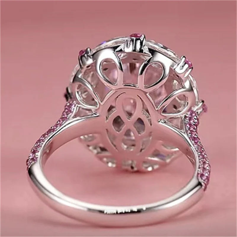 Luxury Egged Pink Zircon Oval Rings For Women Silver Color Pormise Engagement Wedding Bands Bridal Jewelry New Year Gifts