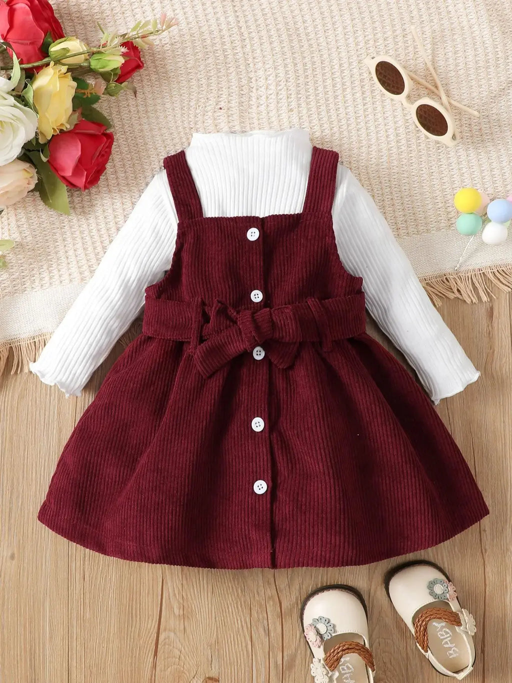 Baby Girl Dress Set – Solid Color, Long Sleeve (0–3Y)