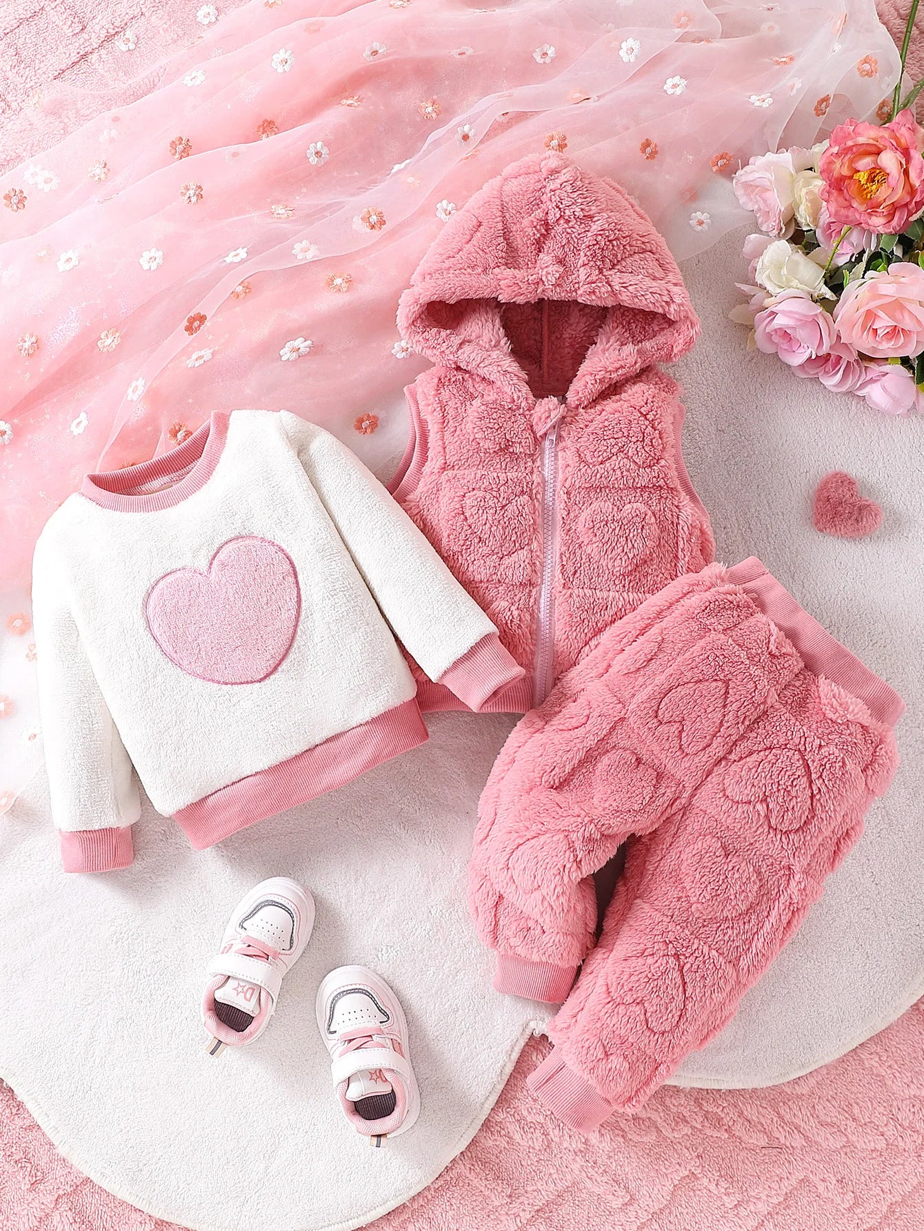 Fashionable Baby Girl Outfit, 3-Piece Jacquard Love Plush Set
