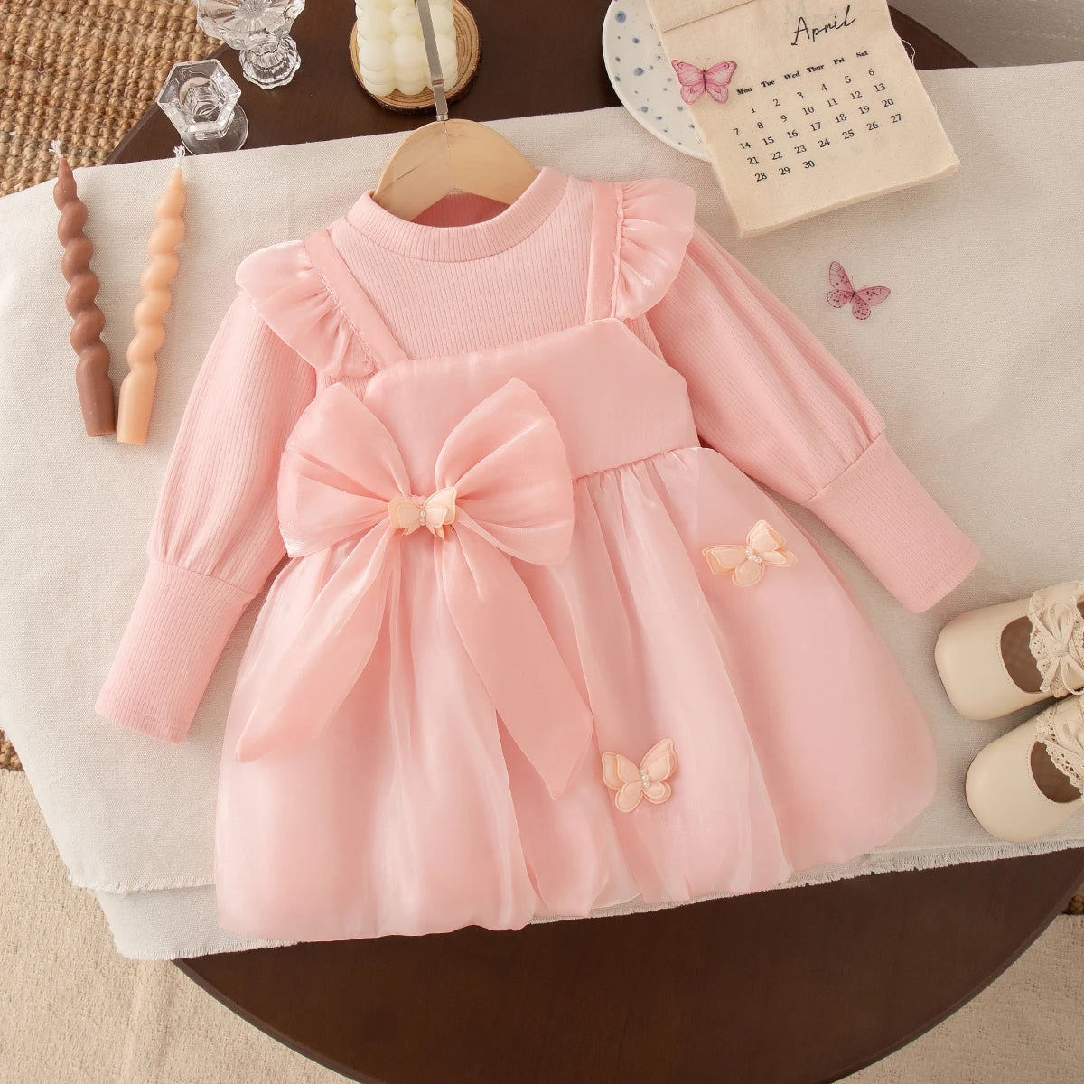 Baby Girl Bow-Tie Tulle Dress – Long Sleeve (0–2Y)