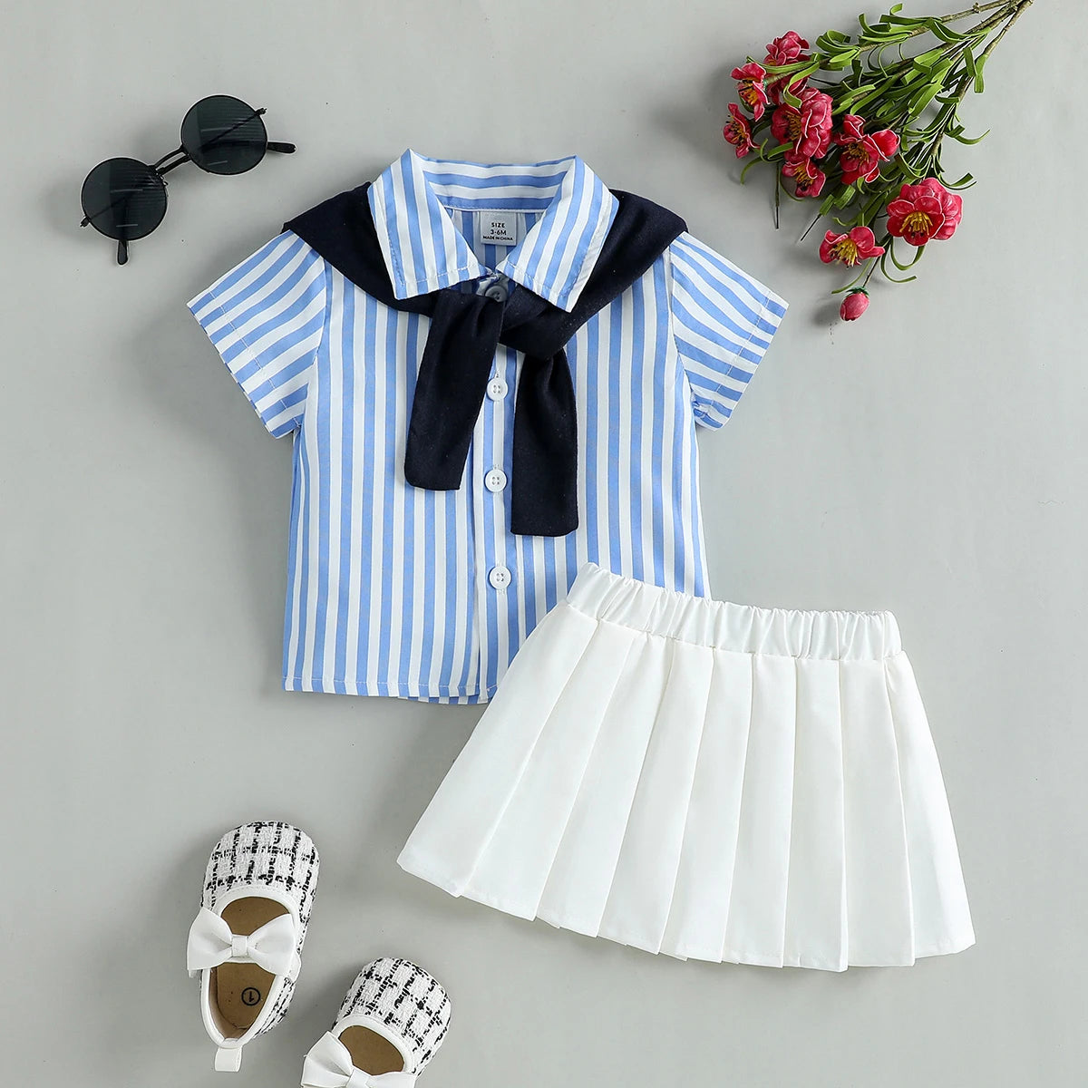 Shawl & Solid Pleated Skirt Casual 3Piece Set