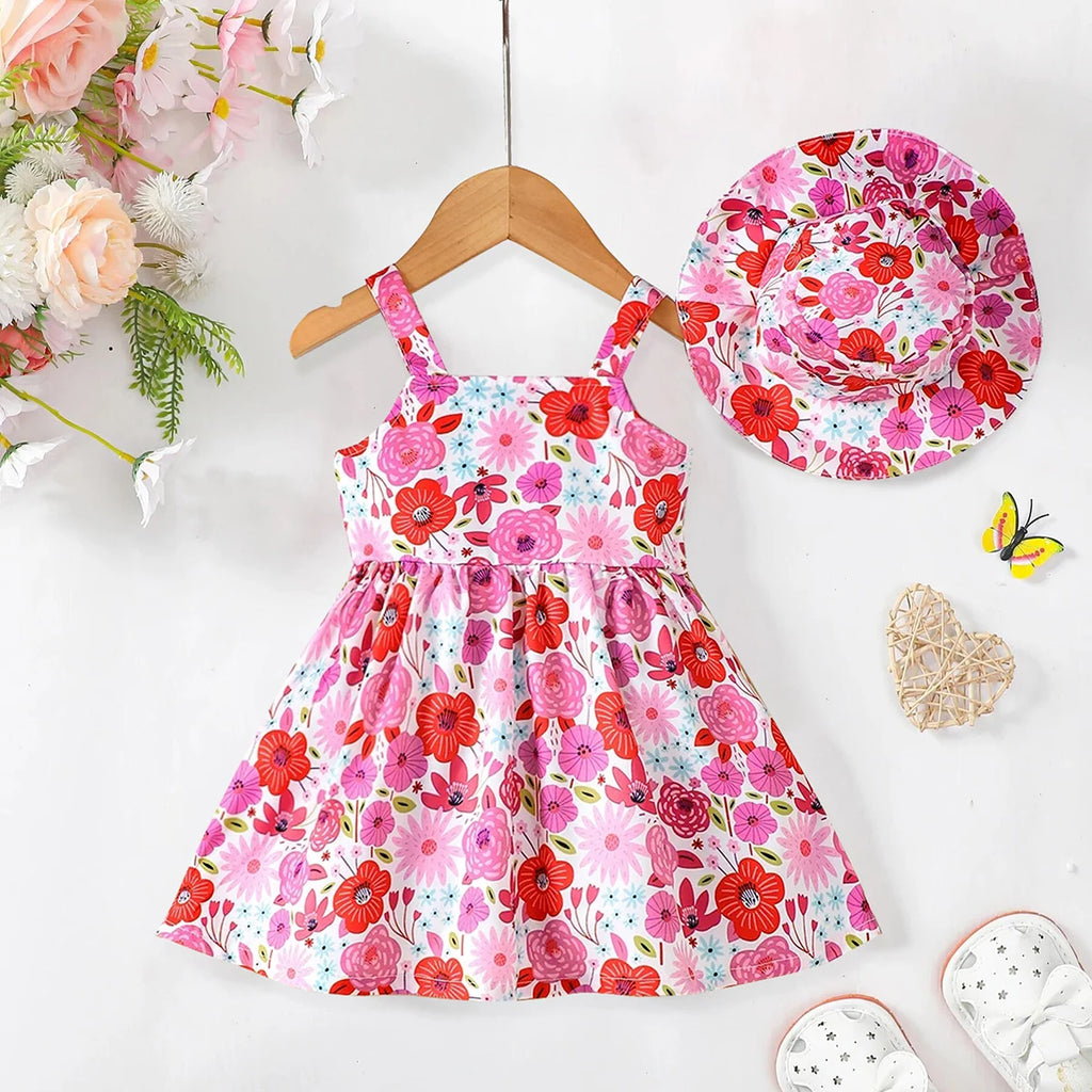 Summer Dress,Strap Dress & Hat Two Piece Set for 0-3 Year