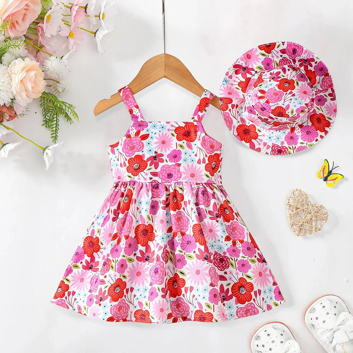 Summer Dress,Strap Dress & Hat Two Piece Set for 0-3 Year