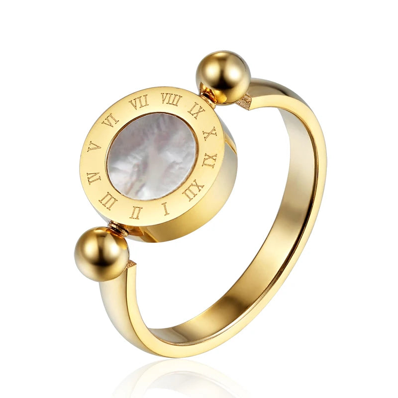 Classic Design Can Be Rotated Enamel And Shell Roman Numeral Beautiful Woman Ring Stainless Steel Brand Ring Jewelry For Women