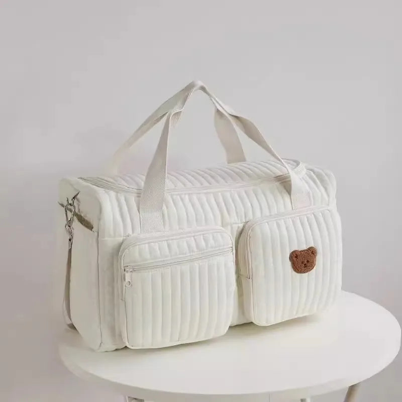 Baby Diaper Bag – Cotton Fabric, Cute Bear Flower Embroidery, Zipper Mommy Handbag
