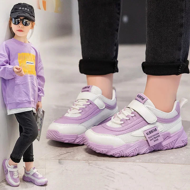 Spring New Kids Sneakers 2025 PU Girls Casual Mesh Solid Pink Light Boys White Hook & Loop Children Non-slip Sports Shoes