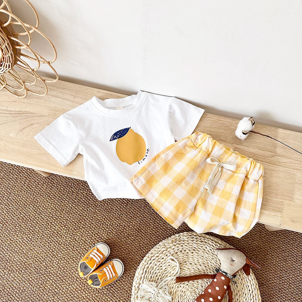 2PCS Baby Boys Girls Clothes Set T-shirt & Checkered Shorts 0-3Y