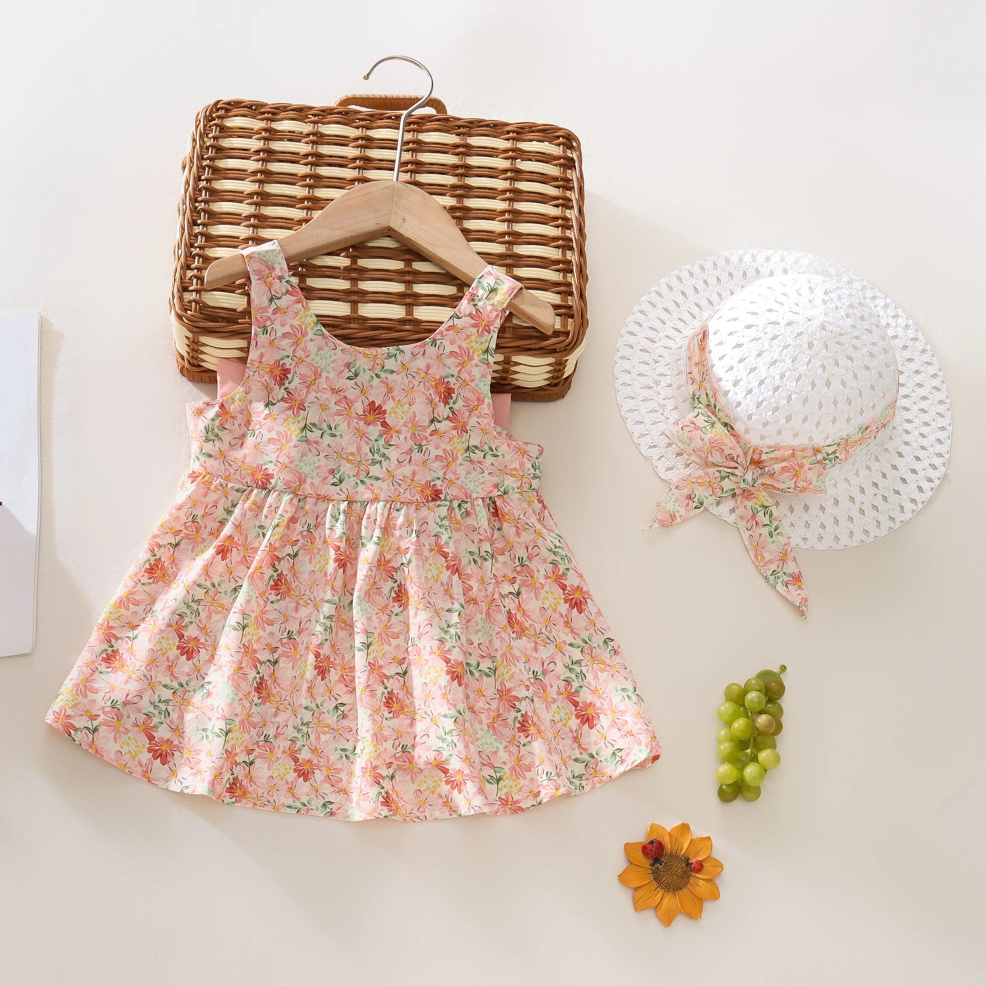 Baby Girl Summer Outfit, Bow Strap Dress & Hat