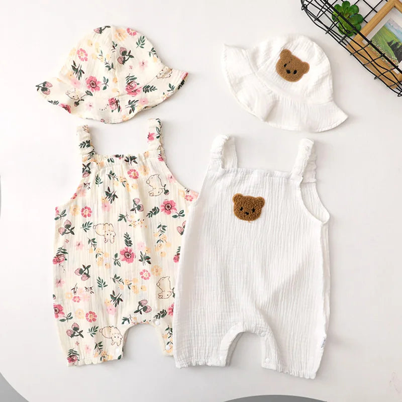 Summer Baby Girls Romper with Hat Cartoon Cherry Bear Jumpsuit