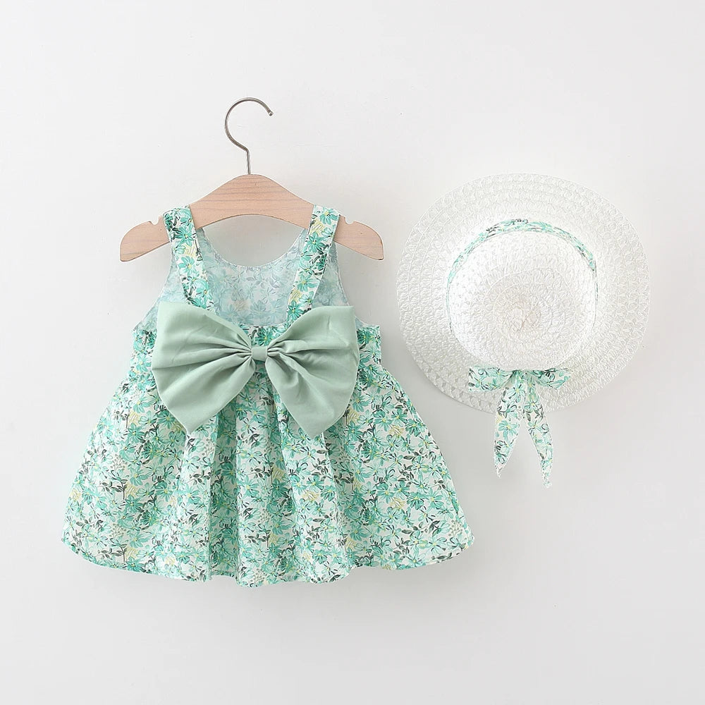 Baby Girl Summer Outfit, Bow Strap Dress & Hat