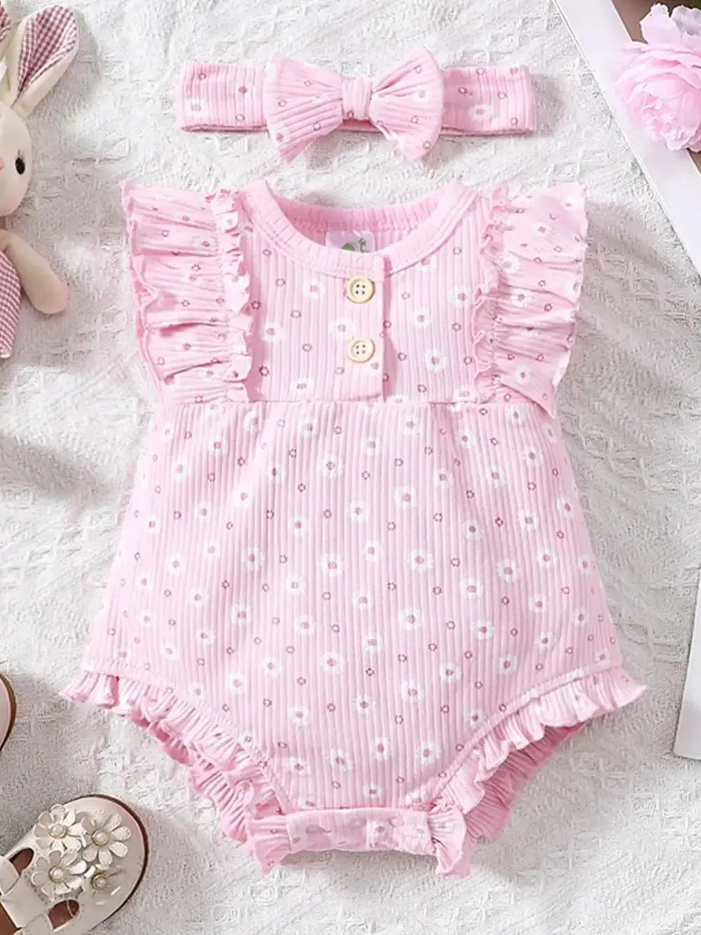 2PCS Baby Girl Jumpsuit with Round Neck Butterfly Sleeve Design