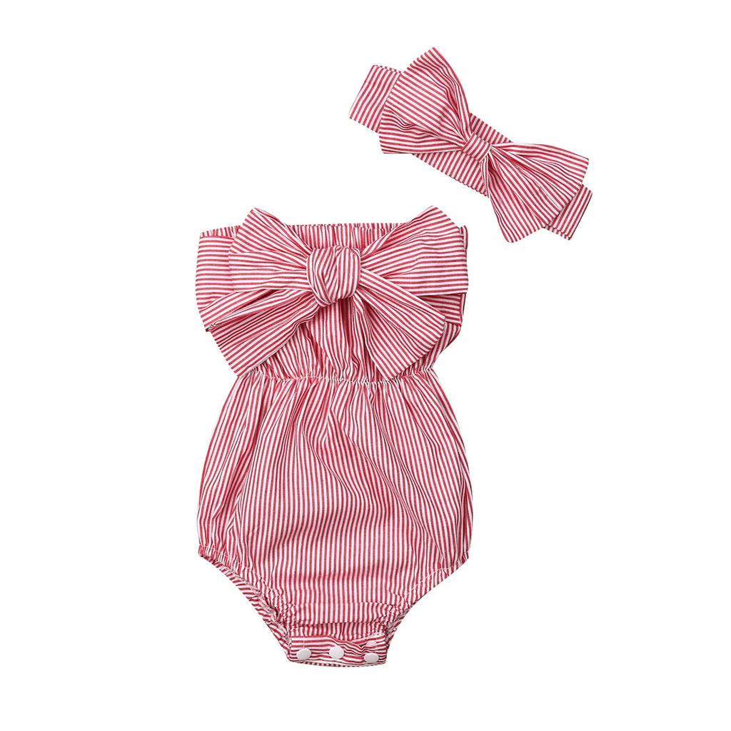 Baby Girl Summer Stripe Romper Set with Headband