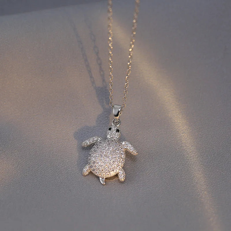 Crystal Stone Turtle Silver Necklace