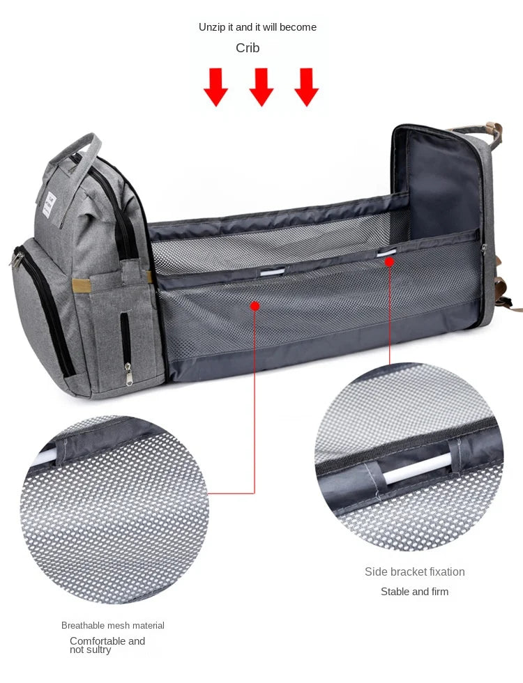 Mommy Diaper Bag – Baby Bed, Milk Bottle Storage & Changing Mat Backpack for Nursing Moms