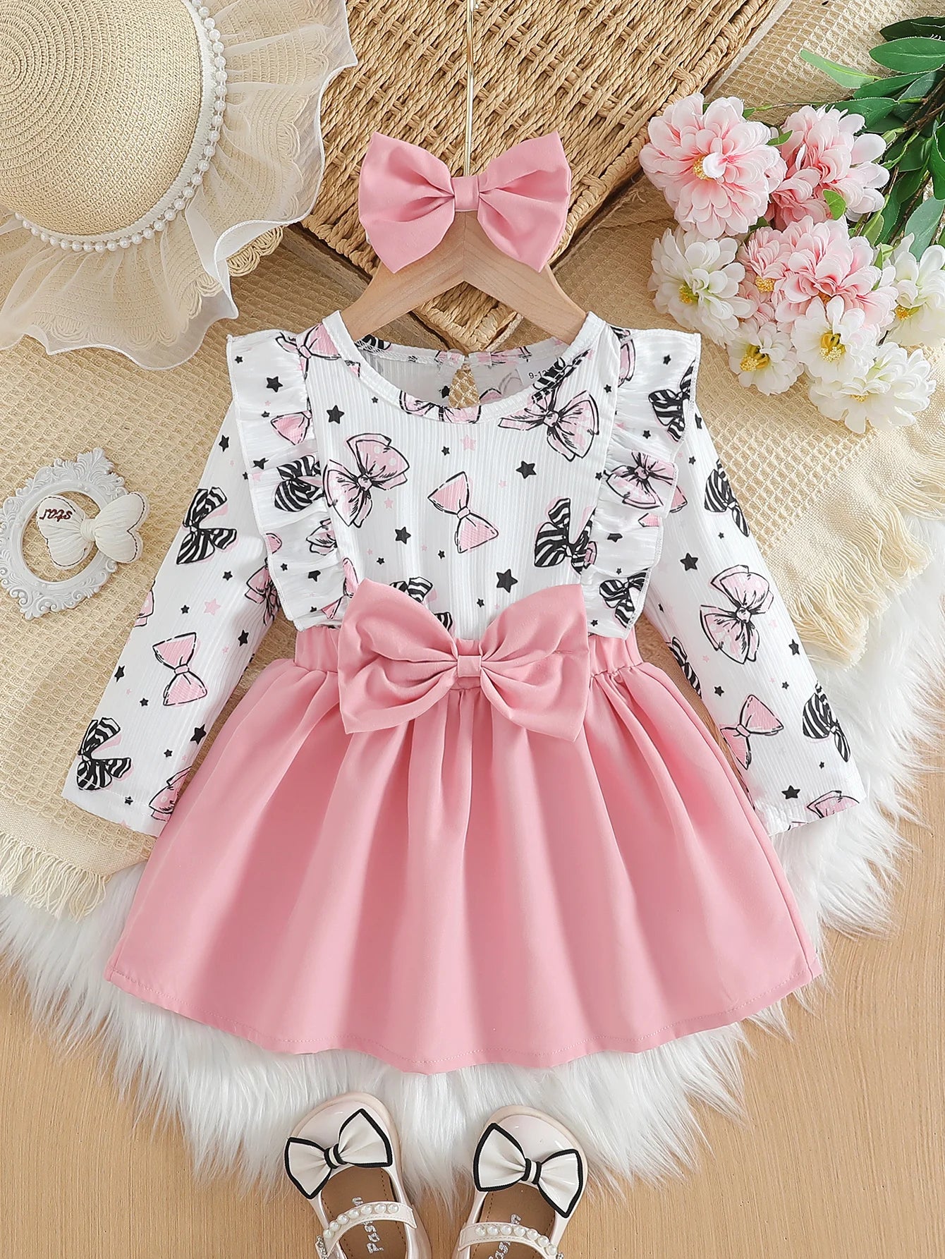Cute Baby Girl Spring/Autumn Dress – Bow Print (0–2Y)