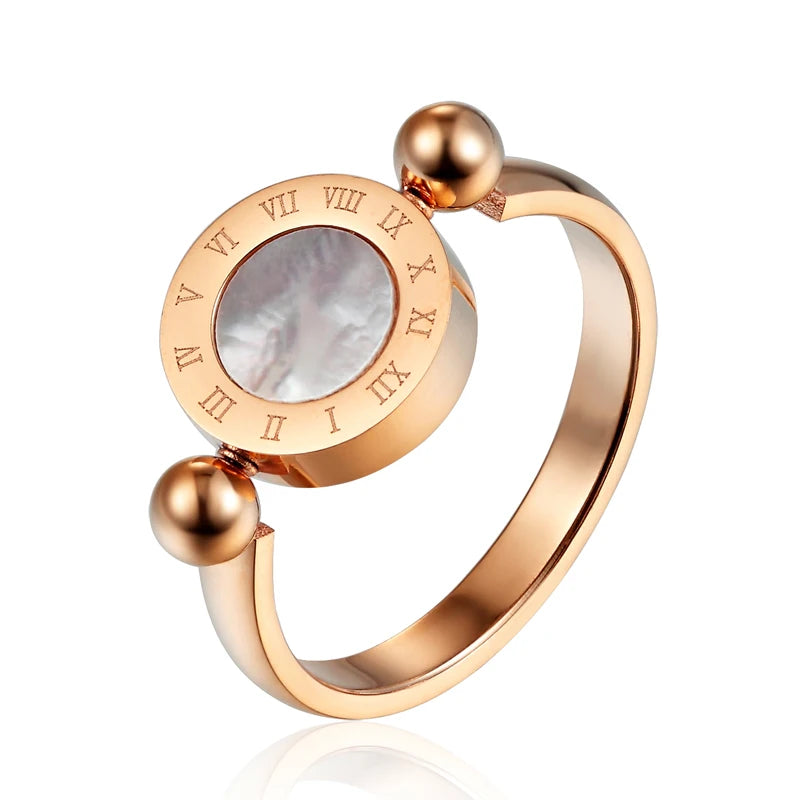 Classic Design Can Be Rotated Enamel And Shell Roman Numeral Beautiful Woman Ring Stainless Steel Brand Ring Jewelry For Women
