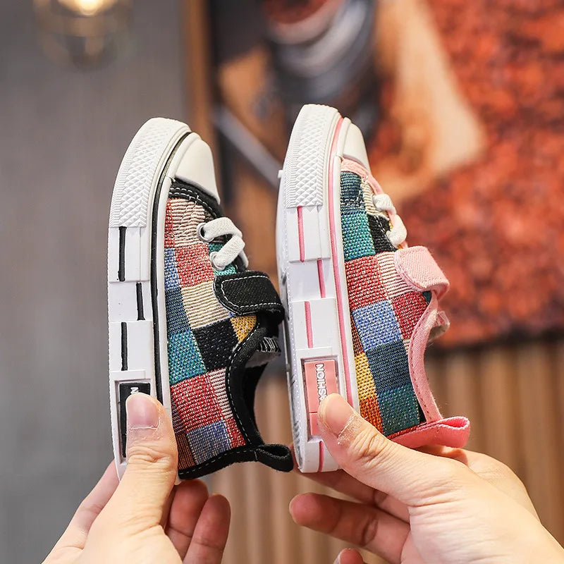 Kids’ Canvas Sneakers – Checkered Casual Shoes, Soft Sole