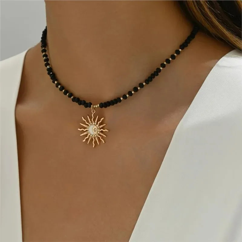 Retro Golden-Toned Sun Pendant Necklace