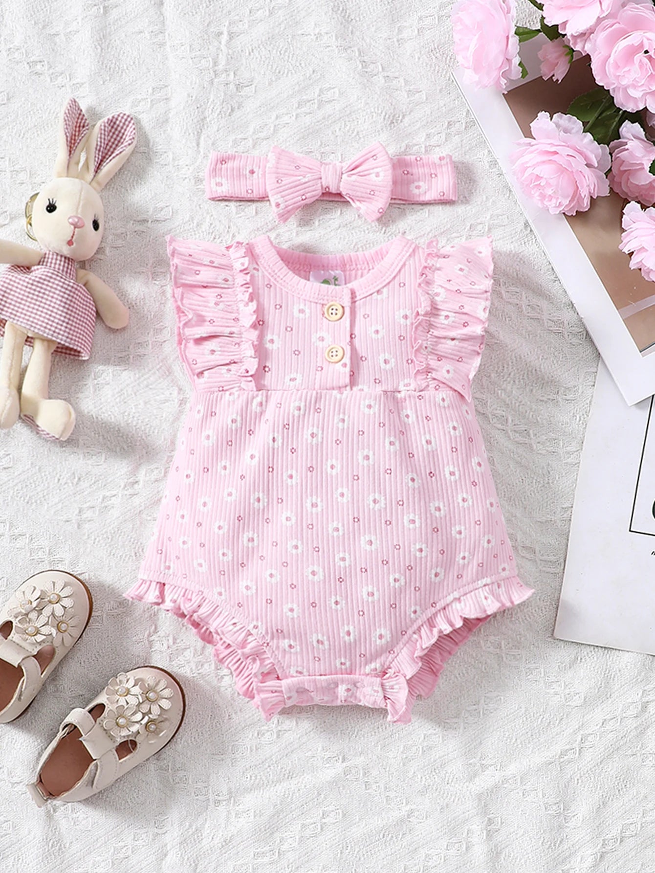 2PCS Baby Girl Jumpsuit with Round Neck Butterfly Sleeve Design