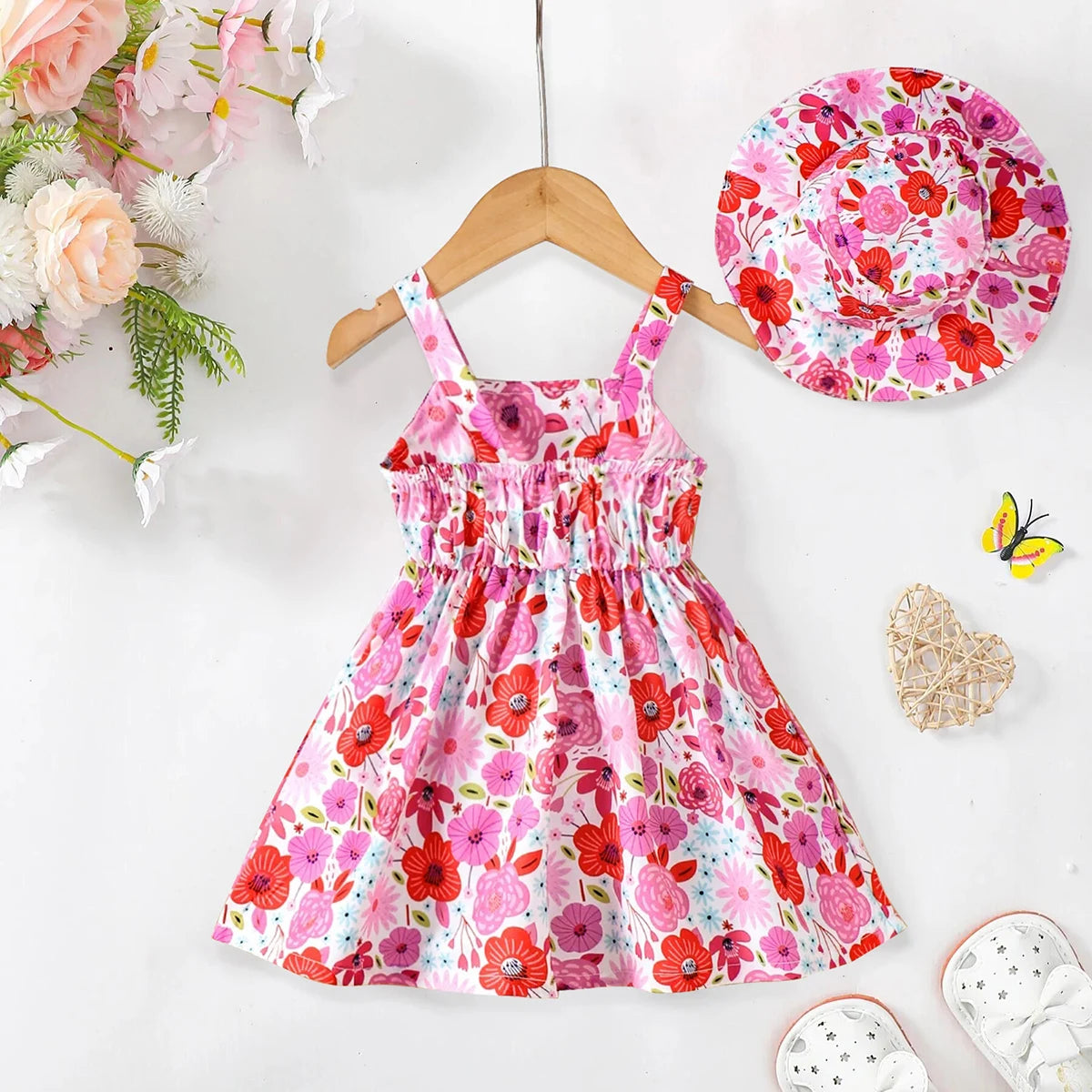 Summer Dress,Strap Dress & Hat Two Piece Set for 0-3 Year