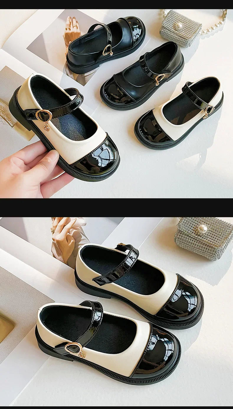 Girls’ Black Leather Casual Shoes – Princess Toddler Flats