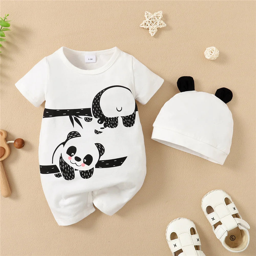 Baby Boy Summer Romper & Hat Set, Panda Print 2PCS